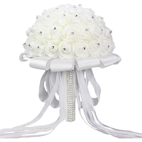 Bouquet de mariée fait main en ruban de strass blancs, idéal pour les mariages, les bouquets de demoiselles d'honneur et autres occasions. (1/5)