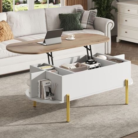 Table basse 120x50, plateau relevable, rangement intégré, 7 zones, plateau bois naturel piètement or (1/5)