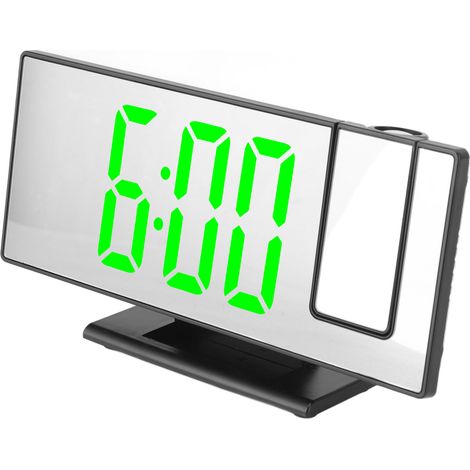 Horloge LED projecteur miroir avec affichage numérique, réveil lumineux haute définition pour chevet, calendrier de bureau (sans piles) noir cadran vert (1/5)