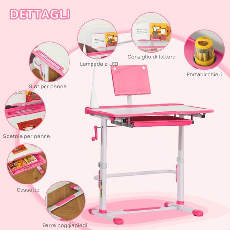 Bureau enfant rose 6-12 ans avec chaise réglable, tiroir, lampe et plan inclinable, ensemble complet pour étude. (1/5)