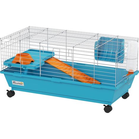 Jaula para mascotas con ruedas de movilidad y comedero integrado, azul. (1/2)