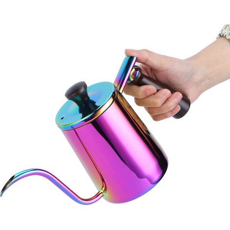 Bouilloire à café 700ml en acier inoxydable 304 bec verseur col de cygne pot à goutte avec manche en bois bec long - Coloré (1/5)