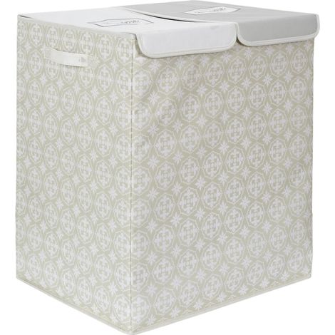 Panier de linge double en polyester BOMBAY pliable motif damassé beige (1/5)