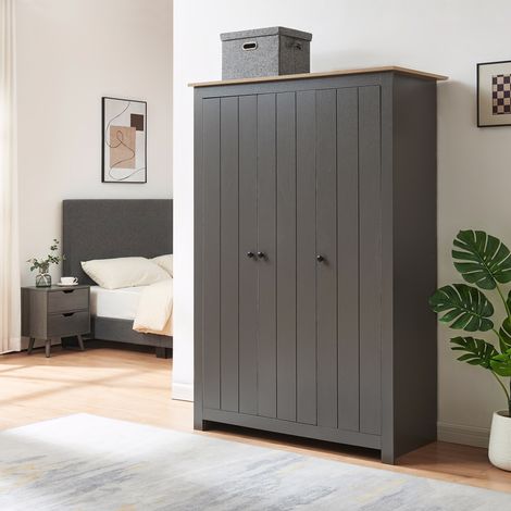 Armadio Guardaroba Vasand a 3 Ante con Barre Appenditi e Ripiani 175x120x52 cm Grigio / Effetto Rovere [en.casa]