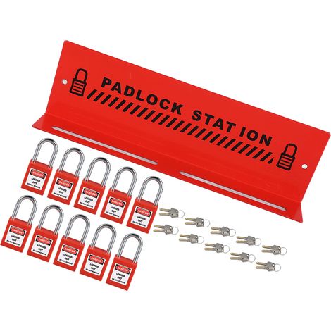 Station de sécurité pour cadenas, support de gestion de cadenas en acier rouge avec 10 serrures à clé pour arrêts industriels (1/5)