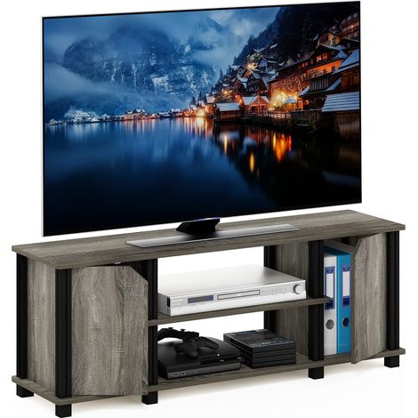 Meuble TV avec étagères et Rangement, Bois, Chêne français/Noir, 111,2 (L) x 40,6 (H) x 29,7 (P) cm (1/5)