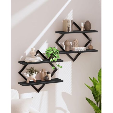Étagère flottantes, Lot de 2, Étagères murales à 2 Niveaux, Rangements Suspendus avec Cadre métallique losangé, pour Salon, Chambre, , Bureau, Noir (1/5)