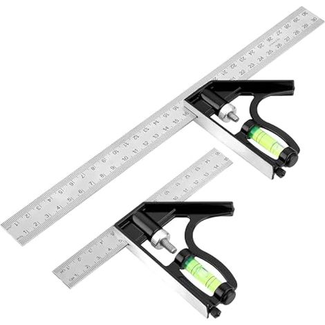 Lot de 2 équerres métalliques de menuiserie, 150 + 300 mm réglables avec niveau à bulle et pointe à tracer, équerre multifonction 45 & 90 degrés pour ingénieurs menuisiers