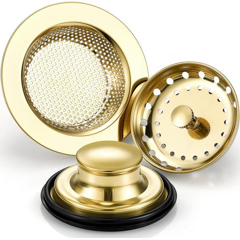 3er-Pack Abflusssieb und Stöpsel für Küchenspüle, Edelstahl-Spülbeckensieb mit Griff, universeller Anti-Verstopfungsfilter für Küchenspülen (Hellgold)