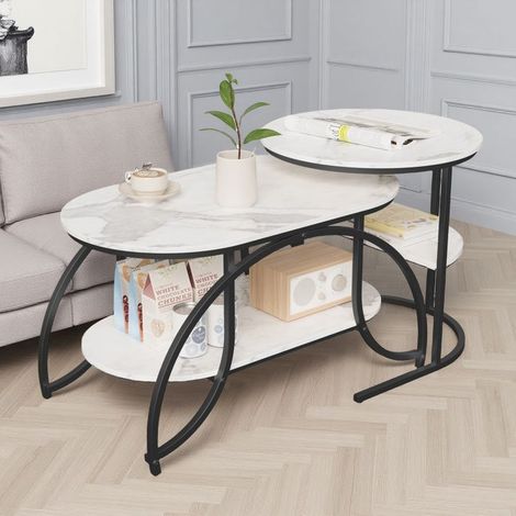 Couchtisch, mit weißer Platte und schwarzen Beinen, Marmortisch, moderner Couchtisch, Set von 2