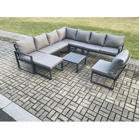 Fimous 9 Seater Patio Outdoor Garden Furniture Aluminium Lounge Corner Sofa Set with Square Coffee Table Big Footstool Dark Grey (1/5)