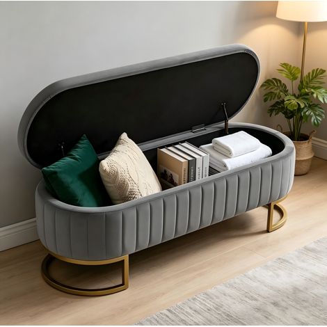 Meuble de rangement banc coffre en velours 130 cm, pieds métalliques dorés, gris clair OKMYHOME (1/5)