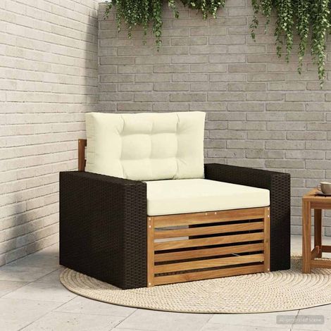 Canapé de Jardin Modulable 1 Place en Bois d'Acacia Massif Naturel et Coussins Crème - PANGIVO (1/5)