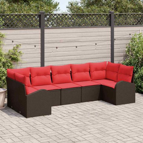 vidaXL Ensemble de canapé de jardin 7 pcs Marron et rouge polyrotin (1/5)