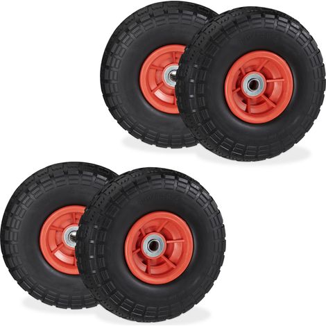 Relaxdays 4 Ruedas de Carro, Antipinchazos, Macizas, 4.10/3.50-4", Llantas de Plástico, 150 kg, 260x85mm, Negro y Rojo