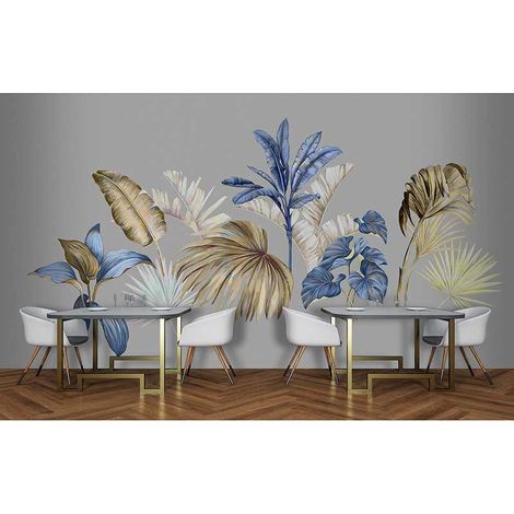 Papier peint panoramique plante bleu & doré salon Tapisserie panoramique tropicale moderne pour chambre adulte Papier peint panoramique escalier (1/3)