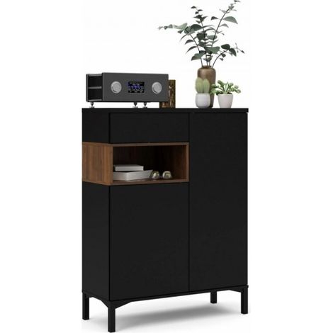 Abitare – Buffet Fidenza 89 x 119 cm noir mat et noyer – Panneaux composites – 3 étagères réglables – Poids max 10 kg (1/5)