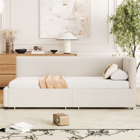 Lit canapé-lit capitonné 90 x 200 cm avec tiroirs de rangement, sommier à lattes, velours doux beige – lit convertible multifonctionnel (1/4)