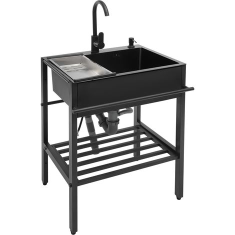 Évier autonome noir – Inox 201, 60×45×86 cm, bac 55×35×20 cm – Pour cuisine, buanderie, garage – Robinet 360°