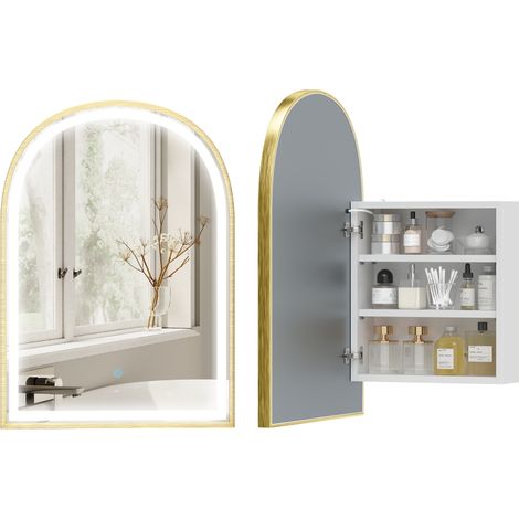 Armoire murale de salle de bain avec miroir et éclairage LED, porte cintrée, anti-buée, 50 x 14,5 x 70 cm, dorée