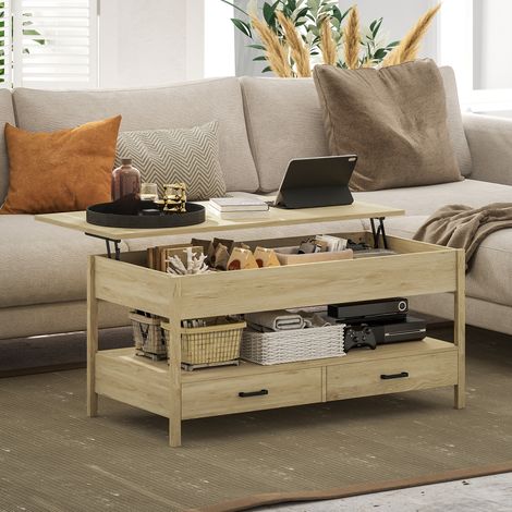 Mesa de Centro Elevable con Almacenamiento Compartimento Oculto Cajones y Estante Abierto 100x50x48-62 cm Roble (1/5)