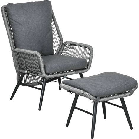 Grey Rattan Armchair and Footstool Set with Cushions for Indoor and Outdoor Use