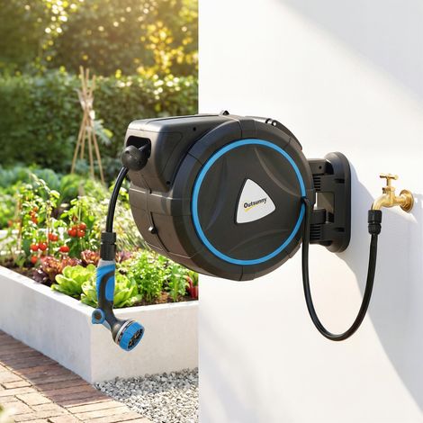 Enrouleur Tuyau Arrosage Mural Automatique 25m Dévidoir Automatique Pistolet d'Arrosage 10+2 Modes 55x31x50cm Bleu (1/5)