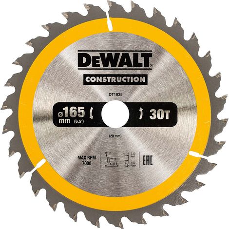 Dewalt – Lame de scie circulaire 165mm – 30 dents – Ø20mm alésage – Carbure de tungstène pour bois dur – Coupe nette sans éclat