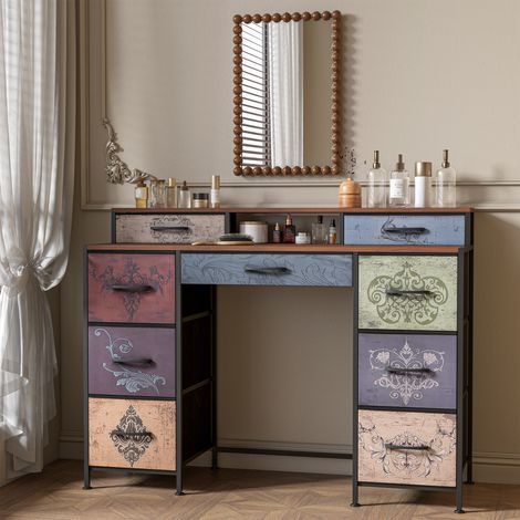 Coiffeuse style rétro 9 tiroirs - Design multicolore à motifs - Table de maquillage 121×40×91,2cm - Plateau bois cadre métal - Idéal chambre salon