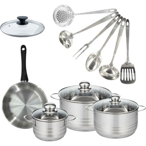 Set de 1 poêle 20 cm inox, couvercle verre, 3 faitouts inox 16, 20 et 24 cm et 6 ustensiles inox Fackelmann Geneva (1/5)