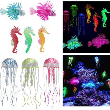 Décorations d'Aquarium Lumineuses en Silicone - 8 Pièces Incluses Anémones, Méduses, Poissons Lions et Hippocampes Artificiels-AUTRES (1/5)