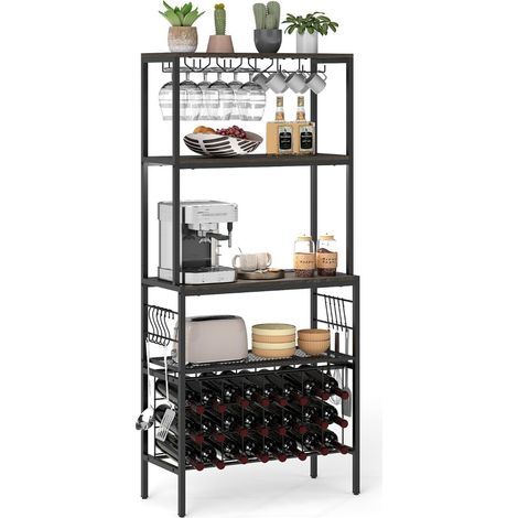 Credenza  Scaffale multi-livello con portabicchieri e porta tazze per microonde per cucina, Organizer per vini con presa di corrente Marrone (1/3)