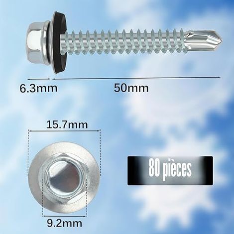 Vite autoforante per metallo 6,3x50 mm inox, lamiera d'acciaio, esagonale, autoperforante per metallo, vite a tenuta con guarnizione, lamiera tetto, autoforante, fissaggio argento (1/4)