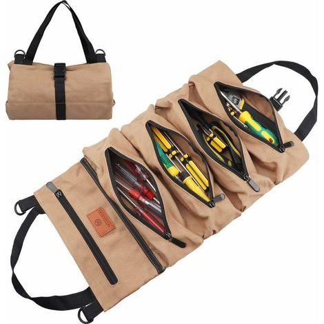 Sac à outils enroulable avec 5 poches à fermeture éclair en toile multifonction pour électricien, chauffage, climatisation, plombier, charpentier ou mécanicien (Kaki)une pièce (1/5)