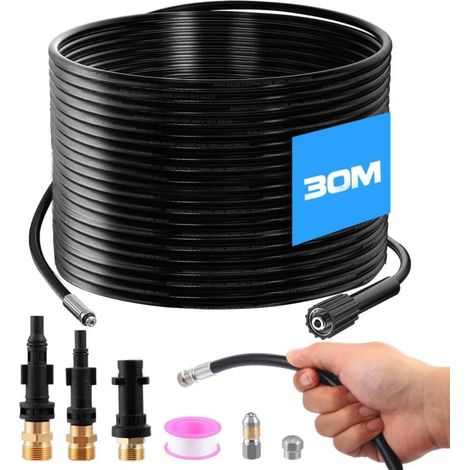 30m Tuyau Déboucheur Canalisation, Furet Deboucheur Canalisation 400 Bar/5800 PSI avec 3 Adaptateurs, 2 Buses et 1 Ruban Téfl (1/5)