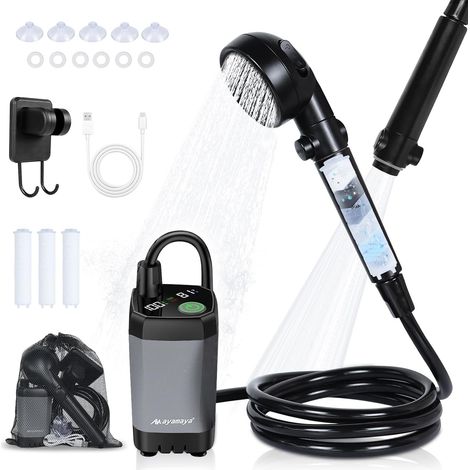 Kit de douche de camping avec pompe, douche solaire portable pour camping, eau chaude, douche extérieure avec batterie de 6000 mAh, douche extérieure pour mobiles, jardin, lavage de voiture, plage (1/5)