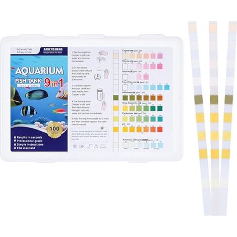 100 Pièces 9 en 1 Bandelettes de Test pour Aquarium, Test d'eau pour Aquariophilie, Bandelettes Test pour Ammoniac Azote Nitrate Chlore Libre Ph Nitrite Dureté Carbonatée Alcalinité Totale Cu