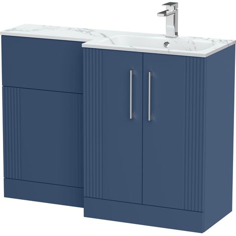 Belvide Retro Partially Fluted Floor Standing 2 Door Vanity WC Unit and Carrera Marble Stone Basin, Right Hand, 1100mm, Blue