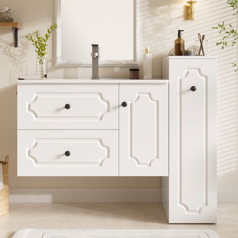 Ensemble meuble salle de bain moderne 107 cm vasque céramique, 2 tiroirs, meuble bas 1 porte colonne haute intégrée, grand rangement, coloris blanc (1/5)