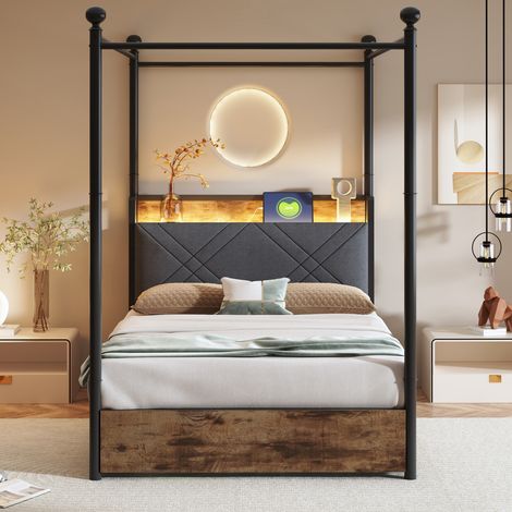 Lit simple multifonction avec rangement-tiroirs-baldaquin fer forgé-montants LED USB/Type-C-96.6x208.6x201.5(cm)-Sans Matelas (1/5)