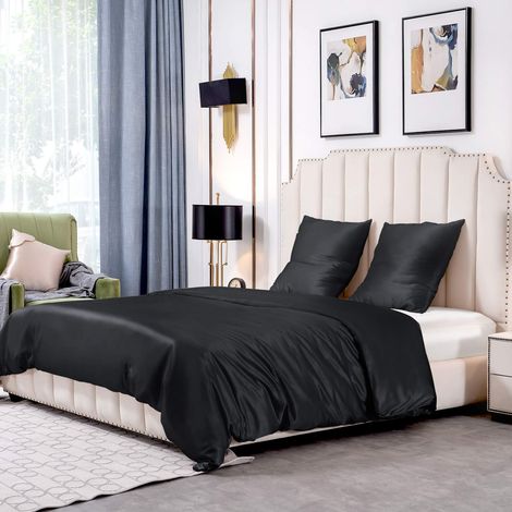 Parure de lit 3 pièces, en soie de mûrier 25 momme, housse de couette 260 x 220 cm et 2 taies d'oreiller 80 x 80 cm, hypoallergénique, ultra douce et lisse, noire (1/5)