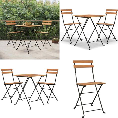 Muebles cafetería plegables 3 piezas madera maciza teca y acero - Mesa plegable - Sillas plegables