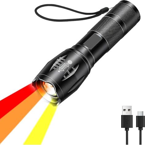 Lampe de Poche Rechargeable 4 en 1, 4 Fonctions Lumière (Blanc/Rouge/Jaune/Orange), Mise au Point Réglable, Étanche, Lampe Tactique pour Randonnée, Chasse et Militaire (1/5)