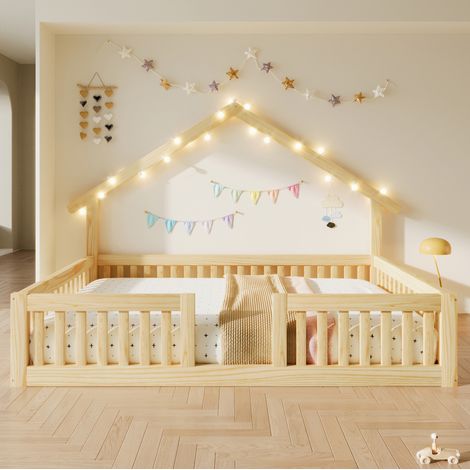 Lit enfant 140x200 cm, avec barrière de sécurité et LED, en bois, naturel (1/5)