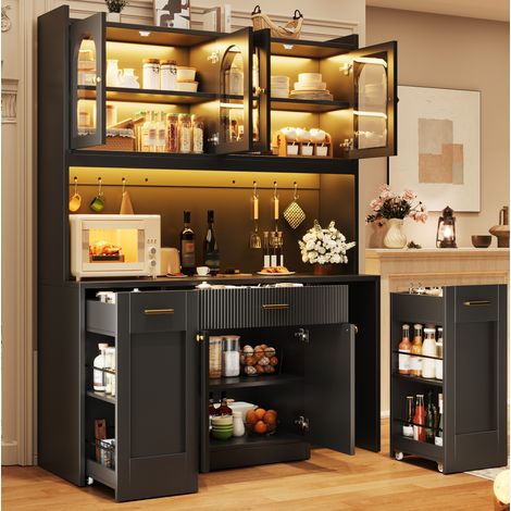 Meuble de cuisine haut 120 cm avec LED RGB, vitrines en verre, noir DESVIAE (1/5)