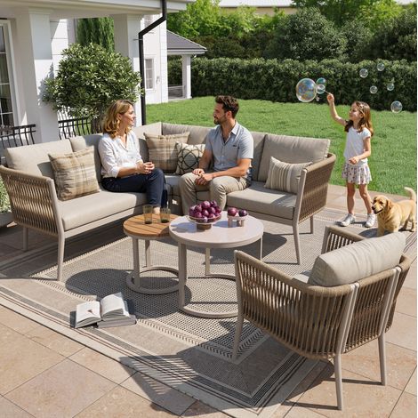 Ensemble de mobilier de jardin modulable en métal et oléfine beige, 6 pièces avec 2 tables, coussins et pieds réglables (1/5)