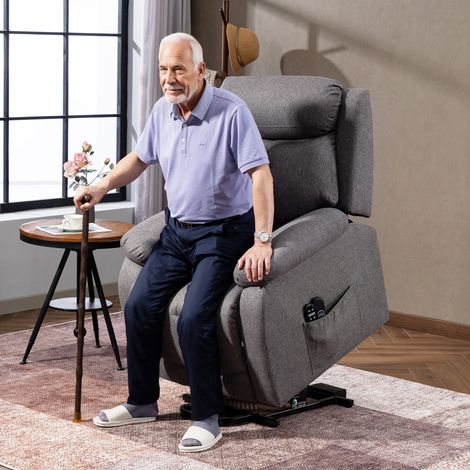 Fauteuil relax électrique inclinable avec fonction massage et chauffage, gris, 86x94x105 cm, ports USB, repose-pieds intégré.