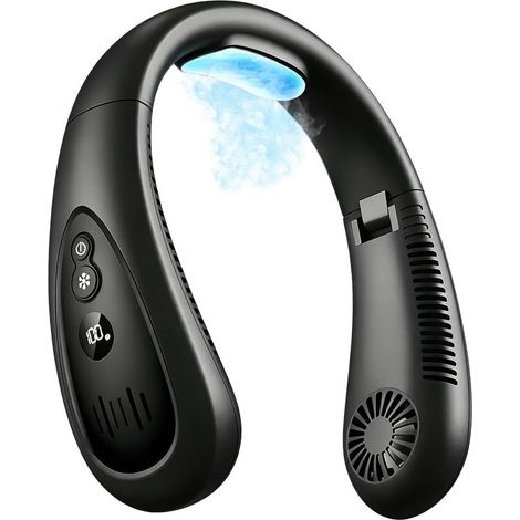 Climatiseur de cou,noir,ventilateur de cou rechargeable avec flux d'air de refroidissement semi conducteur,ventilateur portable avec batterie de 5000 mAh,3 vitesses,écran LED,ventilateur portable pour (1/5)