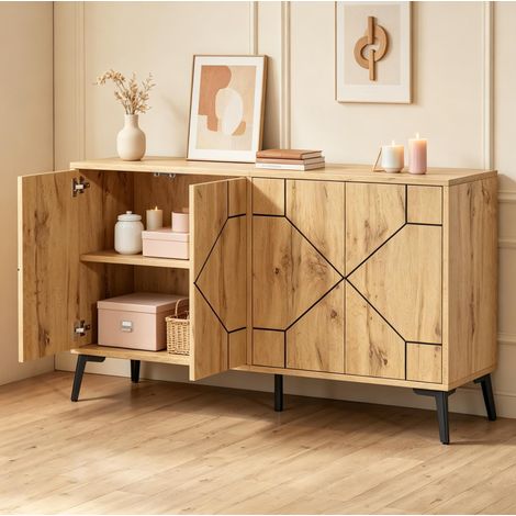 Buffet 120x35x69 cm 4 portes Ă poussoir, 4 compartiments, meuble de rangement MDF coloris naturel (1/5)