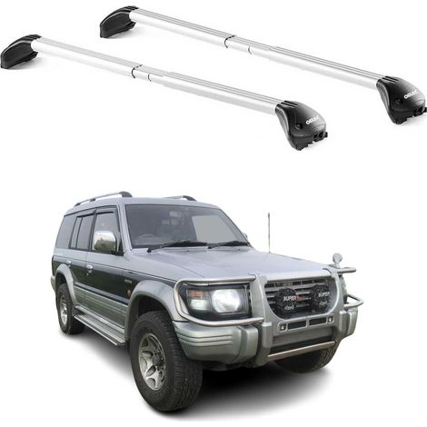 OMAC Barres de toit transversales certifiées TÜV pour Mitsubishi Pajero II 1991-1999 5 Portes – Verrouillables (4 antivols) – Charge max 100 kg – Sangle inox + protection caoutchouc Argent (1/4)